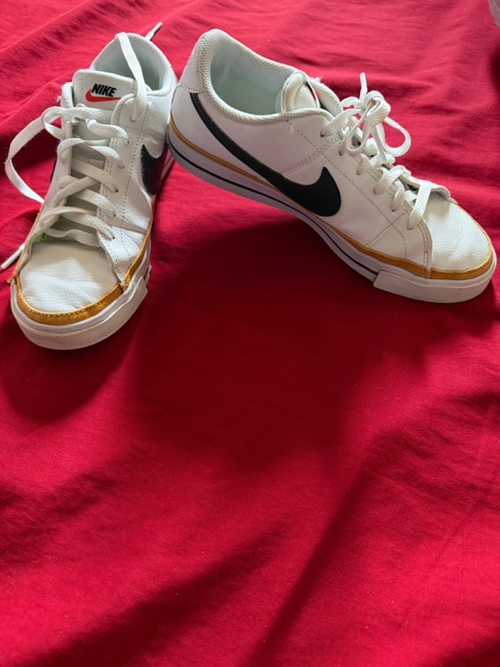 Nike White Low-Top Sneakers with Black Swoosh and Gold Accent